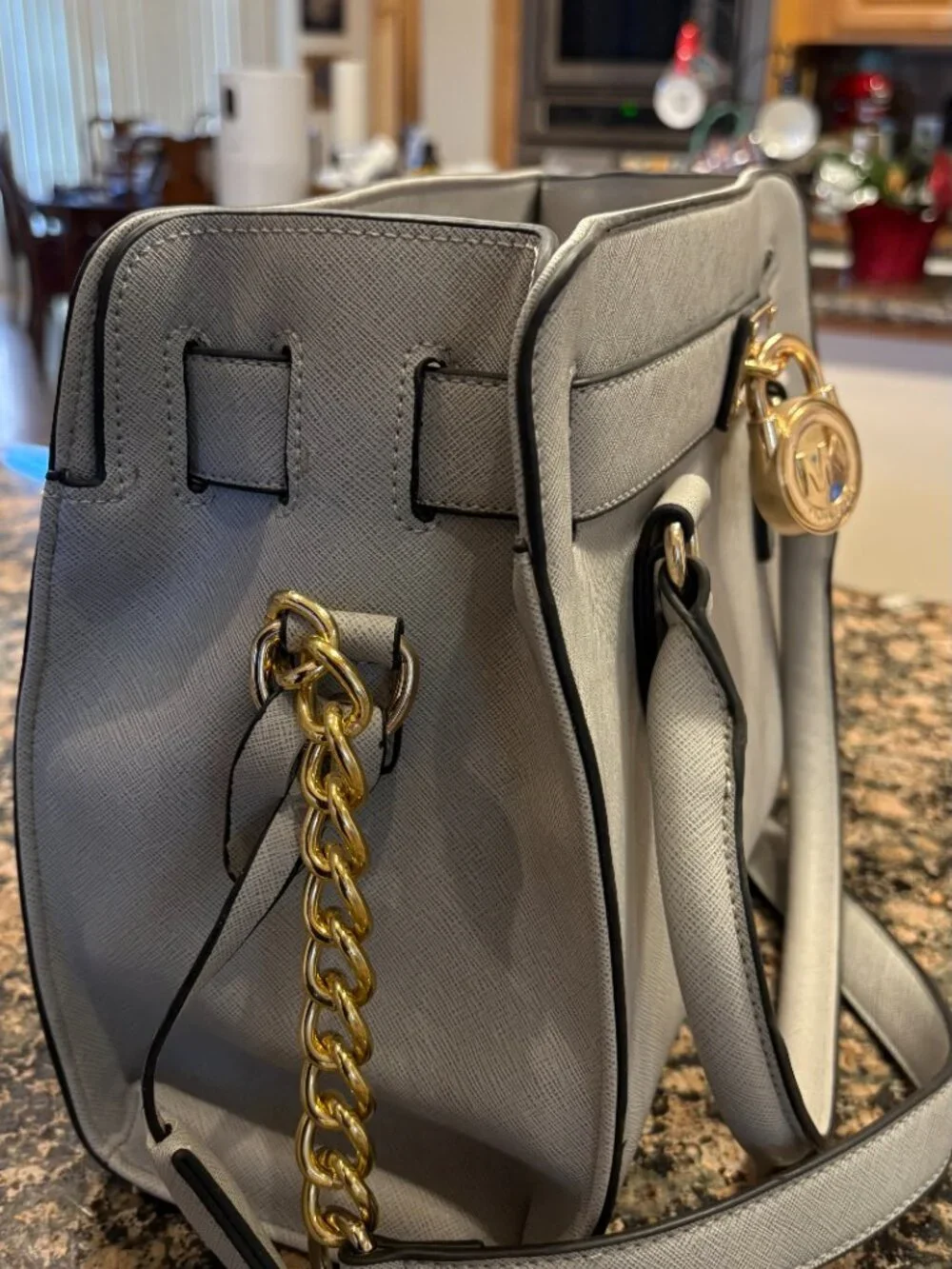 Michael Kors Hamilton Saffiano Leather Medium Satchel Light Grey Gold Hardware